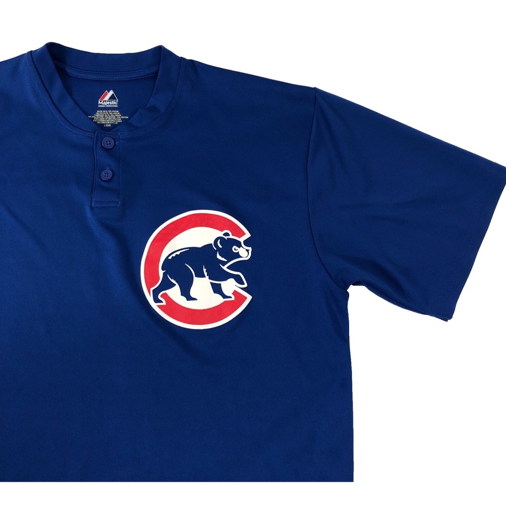 Majestic Chicago Cubs Shirt Men L Blue Henley Cool Base Walking Bear Logo *Flaws